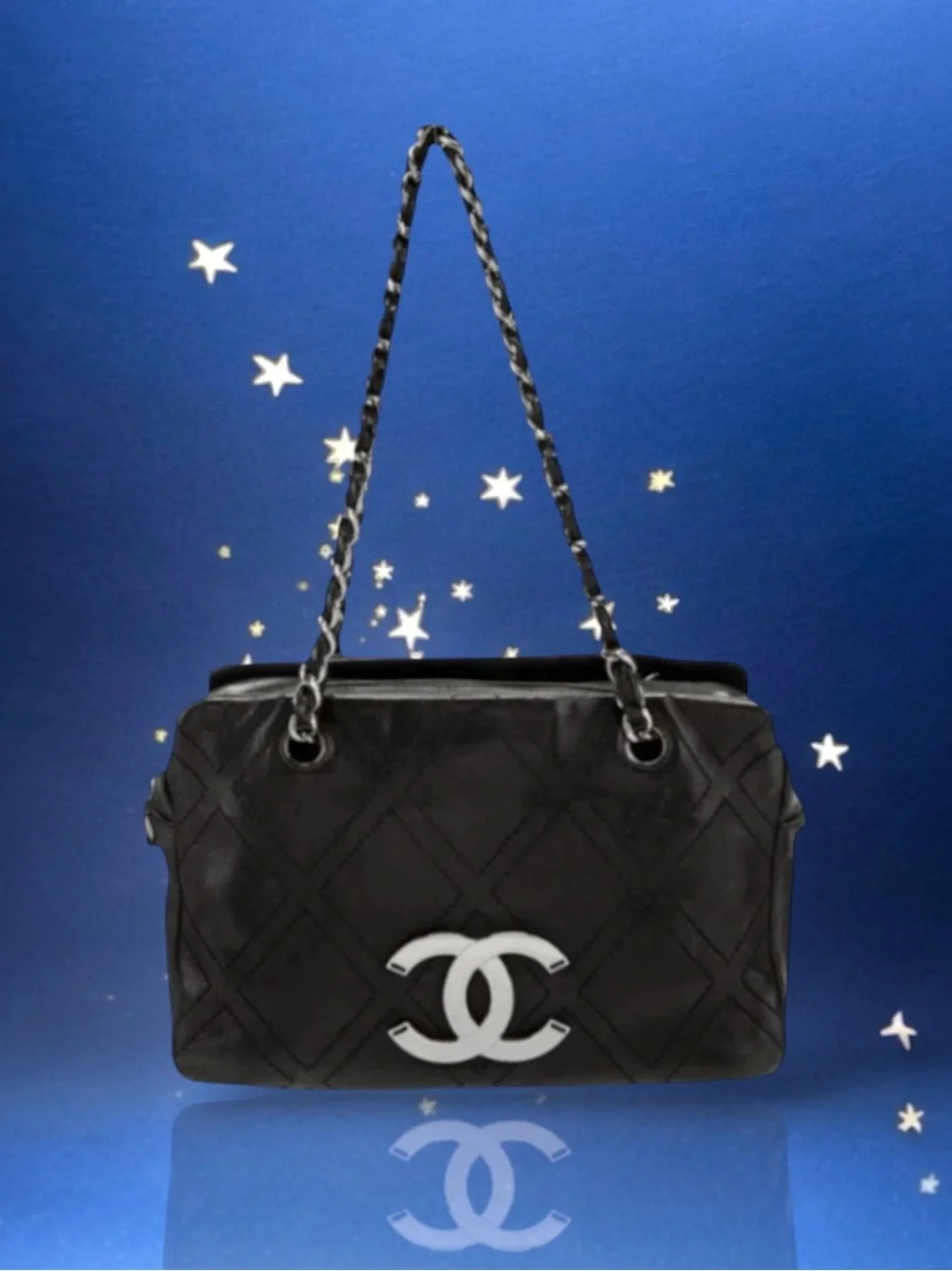 🩷CHANEL VINTAGE BLACK Diamond Stitches Shoulder Bag CC Logo Double Straps SHW